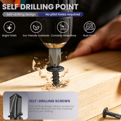 200 PCS #8 x 1-1/4" Sheet Metal Screws, Phillips Modified Truss Head Self Drilling Screws, Black Zinc-Plated, Self Tapping Screws for Metal, Wood, Plastic, Double-Ended Bit Included - color: Black, size: #8 x 1-1/4"