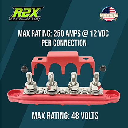 4 Post Power Distribution Block Bus Bar with Cover - Made in The USA - 250 Amp Rating - Marine, Automotive, and Solar Wiring (5/16" - Red) - size: 5/16" - Red