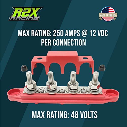 4 Post Power Distribution Block Bus Bar with Cover - Made in The USA - 250 Amp Rating - Marine, Automotive, and Solar Wiring (5/16" - Red) - size: 5/16" - Red