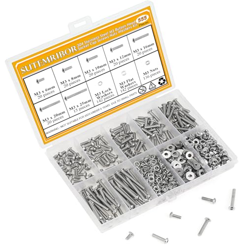 555 Pieces M3 Screws Nuts Washers Set, Sutemribor M3 x 6/8/10/12/16/20/25mm Button Head Socket Cap Screws Nuts Washers Assortment Kit, 304 Stainless Steel, Fully Threaded - size: M3 Screws Kit, style: Button Head