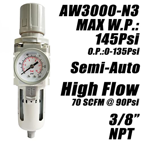 3/8" NPT Air Filter Pressure Regulator Combo Water Separator For Air Compressor Line Semi-Auto Drain 5 Micron Brass Element 0-150 psi Gauge - size: 3/8" NPT