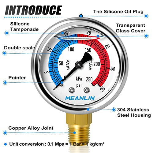 MEANLIN MEASURE 1/4" NPT 0-35psi Pressure Gauge, 2" Dial Glycerine Filled Pool Filter, 304 Stainless Steel Housing, Lower Mount, with 1/2" NPT and 3/8" NPT Hex Bushing - size: 0-35Psi/0-250Kpa, style: Lower Mount