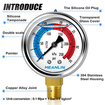 MEANLIN MEASURE 1/4" NPT 0-35psi Pressure Gauge, 2" Dial Glycerine Filled Pool Filter, 304 Stainless Steel Housing, Lower Mount, with 1/2" NPT and 3/8" NPT Hex Bushing - size: 0-35Psi/0-250Kpa, style: Lower Mount