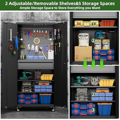 Aobabo Metal Garage Storage Cabinet, 71"x30" Lockable Rolling Tool Cabinet - color: Black, size: 15"D x 30"W x 71"H