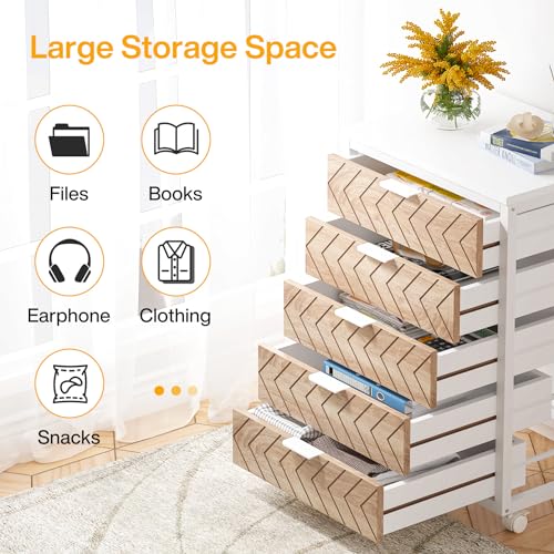 Tribesigns 5-Drawer File Cabinet, Wood Mobile Storage Unit, Beige & White - color: Beige & White, size: 5 Drawer