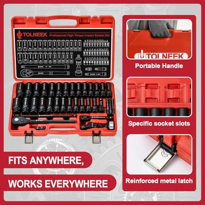 63-Piece 1/2" Drive Impact Socket Set, SAE (3/8 to 1 inch) and Metric (10-24mm) Socket Wrench Set with Extension Bars, Palm Ratchet Kit, CR-V Steel for Auto/Industrial Repairs - size: 63-Piece 1/2" Drive Impact Socket Set