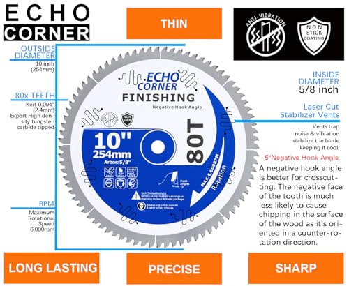 10" Fine Finish Sliding Compound/Radial Arm Saw Blade, Negative(-5°) 80T - style: Sliding Compound
