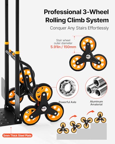 VEVOR Stair Climbing Cart 440 lbs, 330 lbs Stair-Climbing Capacity, Heavy-Duty Folding Trolley Cart with Telescoping Handle, 6 Wheels and 2 Bungee Cords for Home, Groceries, Warehouse - size: 23.6" x 18.1" x 42.9"
