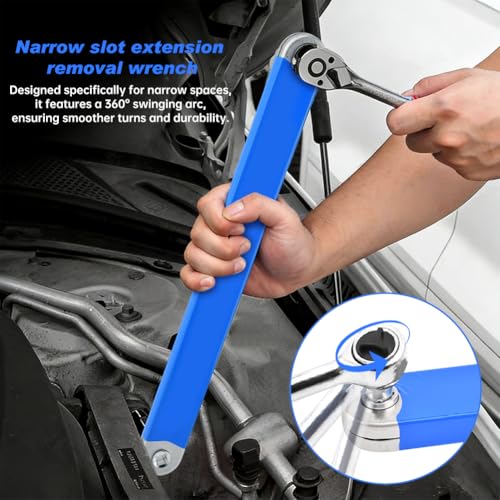Offset Extension Wrench, 15" Impact Ready Zero Degree Swivel with 1/2", 3/8", 1/4" Adapters & Socket, Carbon Steel Ratchet Wrench Extender for Tight Spaces, Auto Repair & DIY