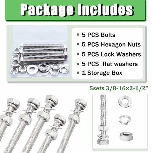 5 Sets 3/8-16 × 2-1/2" Stainless Steel Hex Head Screws Bolts, Nuts, Flat & Lock Washers,18-8(304) Full Thread - color: Silver-hex, size: 3/8-16×2-1/2"(5 sets)