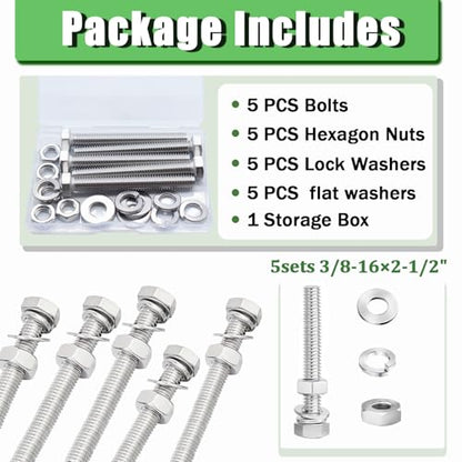5 Sets 3/8-16 × 2-1/2" Stainless Steel Hex Head Screws Bolts, Nuts, Flat & Lock Washers,18-8(304) Full Thread - color: Silver-hex, size: 3/8-16×2-1/2"(5 sets)