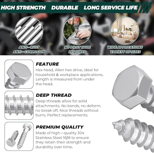 1/2 x 6 Hex Head Lag Screws Bolts with Flat Washers (6 Sets), 304 Stainless Steel 18/8, Partial Thread, Deck Screws, Heavy Duty Hex Head Wood Lag Screws, Fayeploo - size: 1/2 x 6"