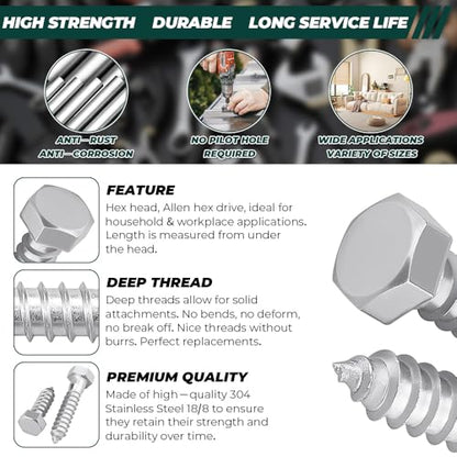 1/2 x 6 Hex Head Lag Screws Bolts with Flat Washers (6 Sets), 304 Stainless Steel 18/8, Partial Thread, Deck Screws, Heavy Duty Hex Head Wood Lag Screws, Fayeploo - size: 1/2 x 6"