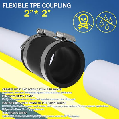 2 Pcs 2 Inches Flexible TPE Coupling with Stainless Steel Clamps - size: 2 Inches