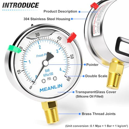 MEANLIN MEASURE 0~60Psi Stainless Steel Liquid Filled Pressure Gauge 1/4" NPT 2.5" FACE DIAL Silicone Oil Filled, WOG Water Oil Air Lower Mount (with 2PCS Snaps) - size: 0-60Psi