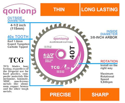 4-1/2" Aluminium Cutting Circular Saw Blade, TCG 40T, 3/8" Arbor