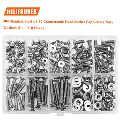 HELIFOUNER 210 Pieces #8-32 x 1/4" 5/16" 3/8" 1/2" 5/8" 3/4" 1" 1-1/4", Countersunk Head Socket Cap Screws Bolts Washers Nuts Kit, Coarse Thread, Fully Machine Threaded, 304 Stainless Steel - size: #8-32, style: Countersunk Head