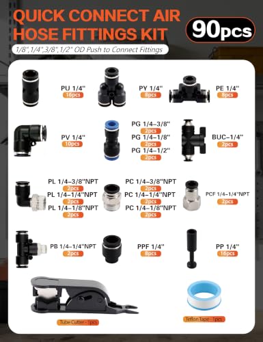 90PCS 1/4" OD Quick Connect Air Hose Fittings Kit, Push to Connect 1/4 1/8 3/8 1/2 NPT Threads&Reducer Pneumatic Line Assortment for Air Compressor, Air System, Auto and Trailer Repair - size: 90PCS