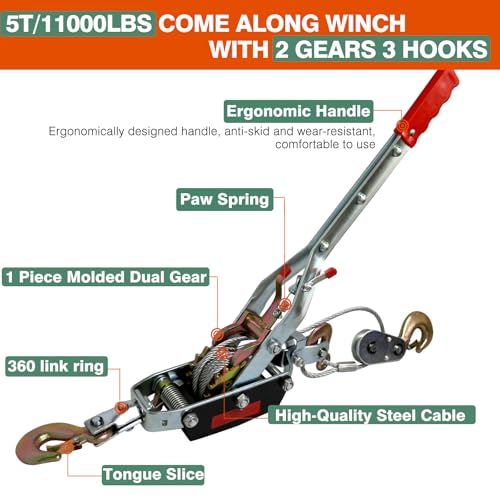 5T Come Along Winch, 11000lbs Pulling Capacity, 12ft Steel Cable - size: 5T-11000lbs-12FT-3Hook