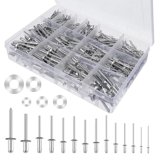 1000Pcs Aluminum Pop Rivets with Washer Assortment Kit, 14 Sizes(3/32" 1/8" 5/32" 3/16" 1/4") Pop Rivets with 5 Size Backup Washers, Assorted Blind Rivets for Furniture, Metal, Instrument