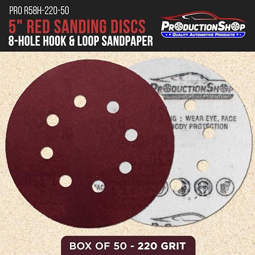ProductionShop Premium 5" Red 8-Hole Pattern 220 Grit Sanding Discs, Box of 50 - Dustless Hook & Loop Backing Sandpaper for Random Orbital Sanders, Fine-Cut Abrasive - Woodworking, Sand Auto Paint - style: 220 Grit