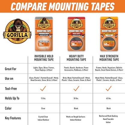 GORILLA Invisible Hold Mounting Tape, Clear, 1" x 150", 1-Pack - size: 1 - Pack