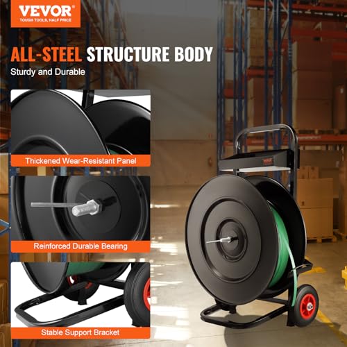 VEVOR Banding Strapping Cart, for PET/PP/Fiber Strapping Coils with 8" or 16" Core Size, Heavy Duty Strapping Dispenser, Equipped with Anti-Retreat Pulleys, Upgrade Brake System, Spacious Tray - size: 8" or 16" Core