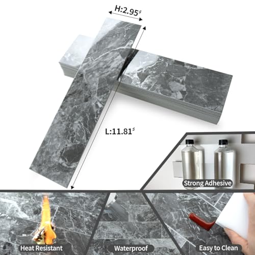 AULIGET 40-Piece Polished Grey Marble with Silver Peel and Stick Backsplash Wall Tiles, 3" x 12" PVC Faux Stone Stick on Tiles for Backsplash Kitchen, Bathroom, Laundry Room, Camper, Fireplace - color: Polished Grey Marble & Silver, size: 40 Pieces, 3"x12