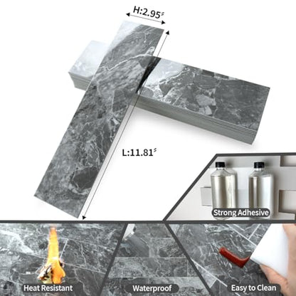 AULIGET 40-Piece Polished Grey Marble with Silver Peel and Stick Backsplash Wall Tiles, 3" x 12" PVC Faux Stone Stick on Tiles for Backsplash Kitchen, Bathroom, Laundry Room, Camper, Fireplace - color: Polished Grey Marble & Silver, size: 40 Pieces, 3"x12