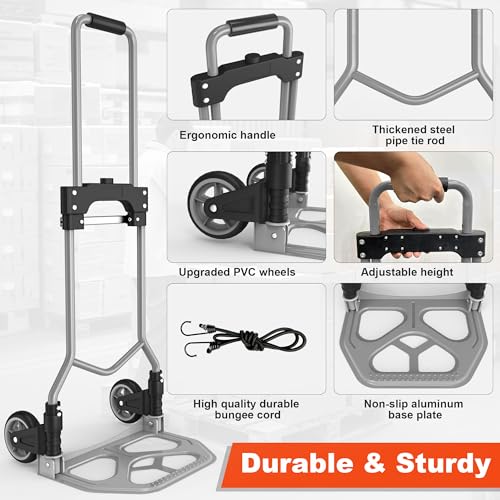 Folding Hand Truck Dolly Cart, 180LBS Portable Aluminum Hand Truck Foldable with Telescoping Handle and Elastic Cord for Luggage, Boxes, Functionality Foldable Dolly for Home, Moving, Black Gray - color: Black Gray, size: 180 lbs
