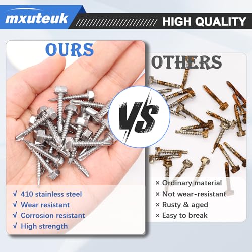 mxuteuk 390PCS Self Tapping Screws,410 Stainless Steel Self Tapping Screws for Metal,#8,#10,#12 Self Drilling Screws,Hex Washer Head Sheet Metal Screws Suitable for Wood, Metal or Tough Materials