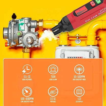 Gas Leak Detector, PT202 Portable Natural Gas Leak Alarm Locate Gas Leaks of Combustible Gases Like Methane, LPG, LNG, Fuel for Home(Includes Battery x2 & Carrying Pouch) (Red) - color: Red