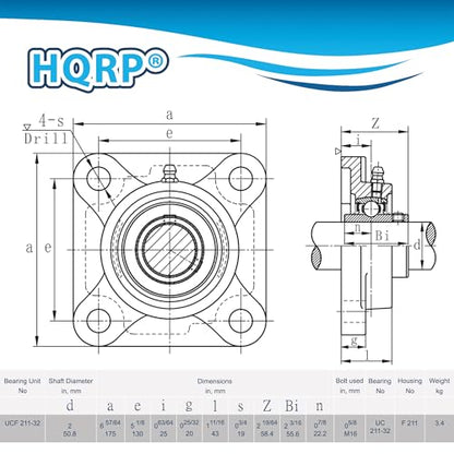 HQRP UCF211-32 Pillow Block Bearing 2-inch Bore, 4-Bolt Flange Mounted, Solid Base, Self-Alignment, Square