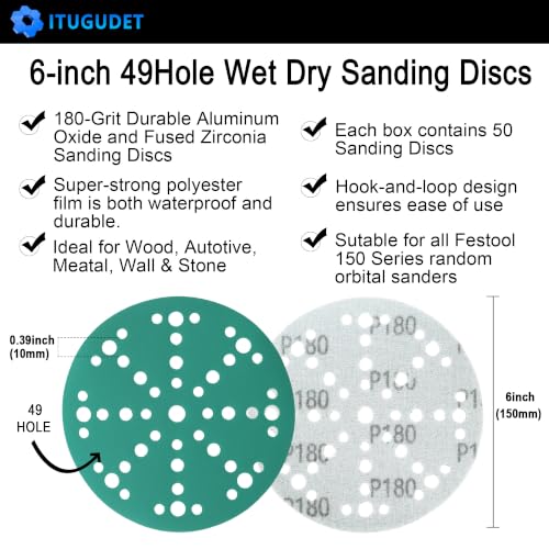 6 Inch 49 Hole Wet Dry P180 Grit Sanding Discs - 50 Pack Box - color: 180 Grit, size: 6 Inch 49 Hole
