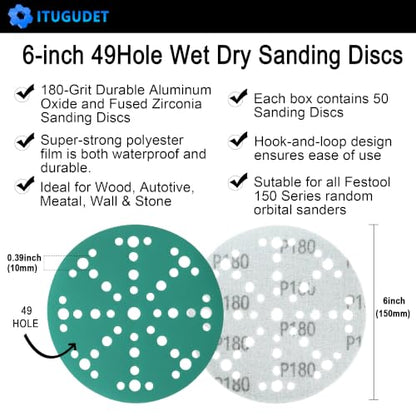 6 Inch 49 Hole Wet Dry P180 Grit Sanding Discs - 50 Pack Box - color: 180 Grit, size: 6 Inch 49 Hole