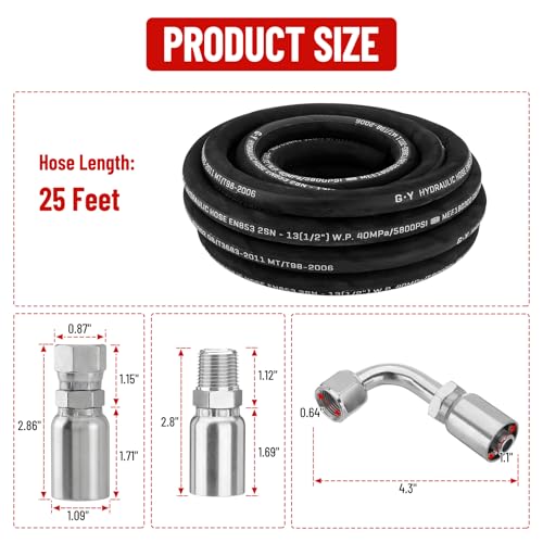 25FT 1/2" Hydraulic Hose with 12PCS Hydraulic Hose Fittings - size: 1/2" Hydraulic Hose - 25FT