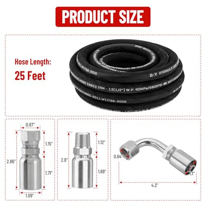 25FT 1/2" Hydraulic Hose with 12PCS Hydraulic Hose Fittings - size: 1/2" Hydraulic Hose - 25FT