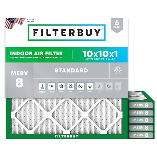 Filterbuy 10x10x1 Air Filter MERV 8 Dust & Allergy Defense (6-Pack) - size: 9.5" x 9.5" x 0.8"