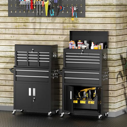 INTERGREAT 8-Drawers Rolling Tool Chest, Assembled Tool Chest with Wheels, Detachable Top Tool Box, Tool Cabinet for Repair Room,Warehouse, Rolling Tool Box with Hooks,Tray Divider,Liners(Black) - color: Black, size: 8 Drawers