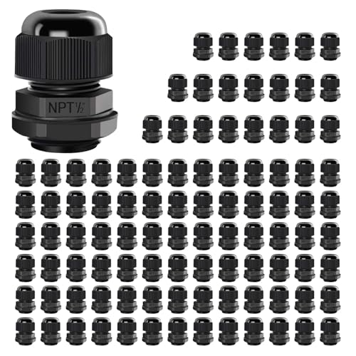 LeMotech 100 Pack NPT 1/2" Cable Glands Waterproof Adjustable 6-12mm Cable Connectors Black Nylon Joints with Gaskets - color: Black, size: 1/2inch 100-pack