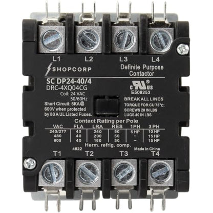 4 Pole 40 Amp AC Contactor, 24V Coil, UL Recognized, HVAC - style: 4 Pole 24V