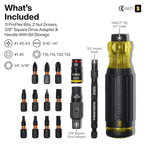 Klein Tools 32516HD KNECT 16-in-1 Impact-Rated Hybrid Screwdriver/Nut Driver, Flip Socket, 11 Bits, 2 Nut Drivers, 3/8-Inch Square Adapter - size: 16-in-1