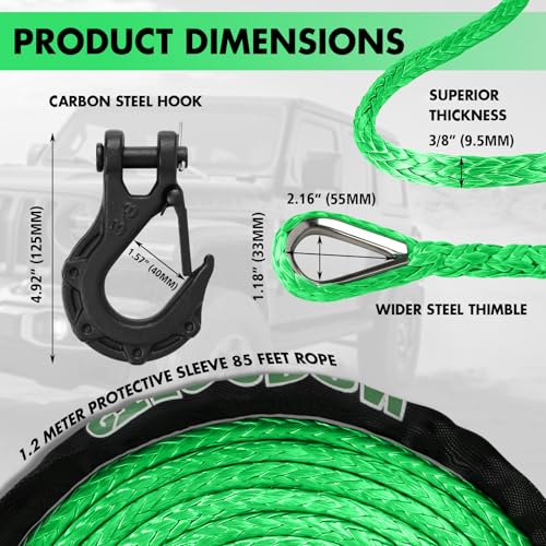 Synthetic Winch Rope, 3/8'' x 85ft 25,000LBS Synthetic Winch Line 3/8 Winch Cable Replacement Synthetic Rope with Forged Winch Hook for 4WD Off Road Vehicle SUV Truck(Green) - color: Green, size: 3/8" x 85'