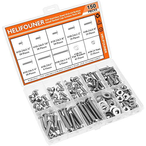 HELIFOUNER 150 Pieces #10-24 x 1/4" 5/16" 3/8" 1/2" 5/8" 3/4" 1" 1-1/4", Button Head Socket Cap Screws Bolts Washers Nuts Kit, Coarse Thread, Fully Machine Threaded, 304 Stainless Steel - size: #10-24, style: Button Head