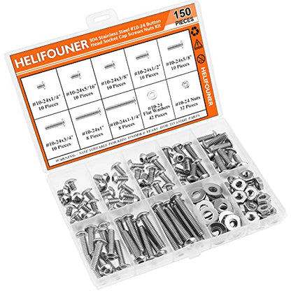 HELIFOUNER 150 Pieces #10-24 x 1/4" 5/16" 3/8" 1/2" 5/8" 3/4" 1" 1-1/4", Button Head Socket Cap Screws Bolts Washers Nuts Kit, Coarse Thread, Fully Machine Threaded, 304 Stainless Steel - size: #10-24, style: Button Head