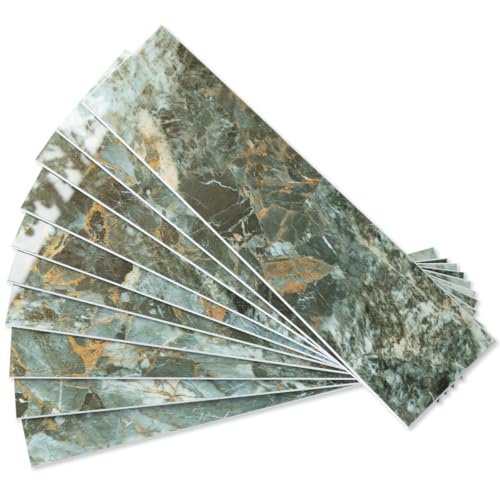 AULIGET 40-Piece Polished Green Marble with Gold Peel and Stick Backsplash Wall Tiles, 3" x 12" PVC Faux Stone Stick on Tiles for Backsplash Kitchen, Bathroom, Laundry Room, Camper, Fireplace - color: Polished Green Marble & Gold, size: 40 Pieces, 3"x12"x