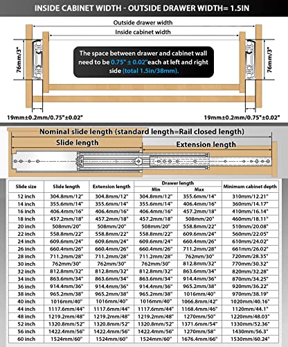 YENUO Heavy Duty Drawer Slides Full Extension Ball Bearing 12–60 Inch 500LB - size: 14 Inch, style: Load:500 lb (No lock) -W:76mm