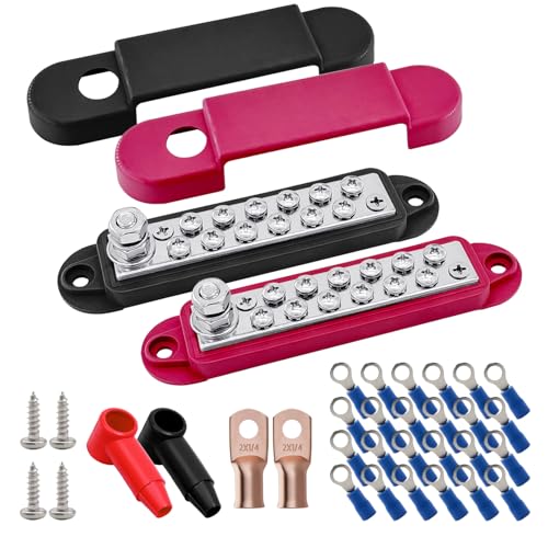 Ampper 1/4" Stud Power Distribution Block Bus Bar 12 x #8 Screw Kit, R & B - color: Red & Black, size: Plated Brass Kit
