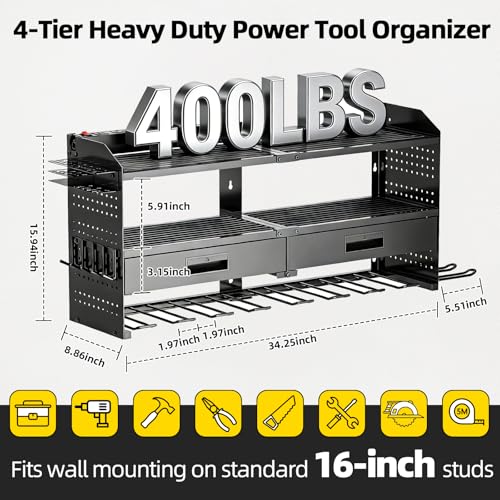 Power Tool Organizer Wall Mount with Charging Station & Drawers - size: Large