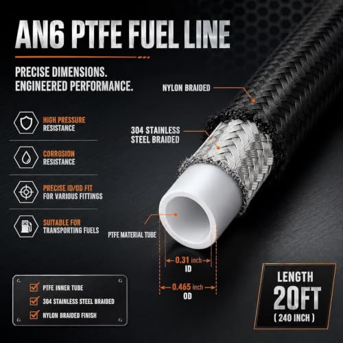 6AN PTFE E85 Fuel Line Hose 20FT Black 5/16 Inch ID - color: 20FT, size: AN6